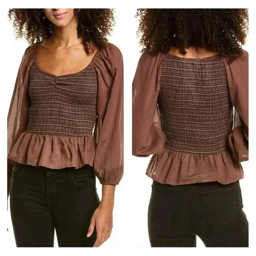 Nation LTD Elastic Smocked Balloon Sleeve Peplum Top